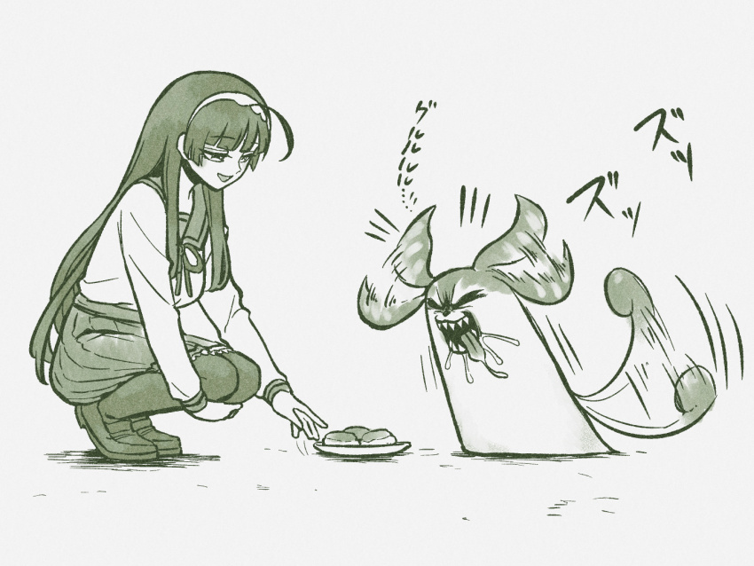 1girl byackopath_(artist) commentary_request creature full_body green_theme hairband long_hair long_sleeves monochrome neck_ribbon open_mouth pantyhose ribbon sharp_teeth shirt shoes simple_background smile socks solo squatting tail tail_wagging teeth touhoku_zunko utau voiceroid zunda_mochi zundamon zundamon_(utau)