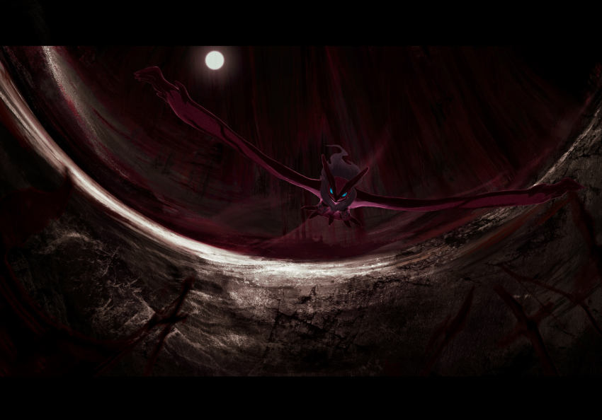 animal_focus blue_eyes candle_(allotas) dark fisheye flying full_body full_moon gen_6_pokemon highres legendary_pokemon letterboxed looking_at_viewer moon night nintendo no_humans outdoors pokemon pokemon_(creature) solo straight-on yveltal