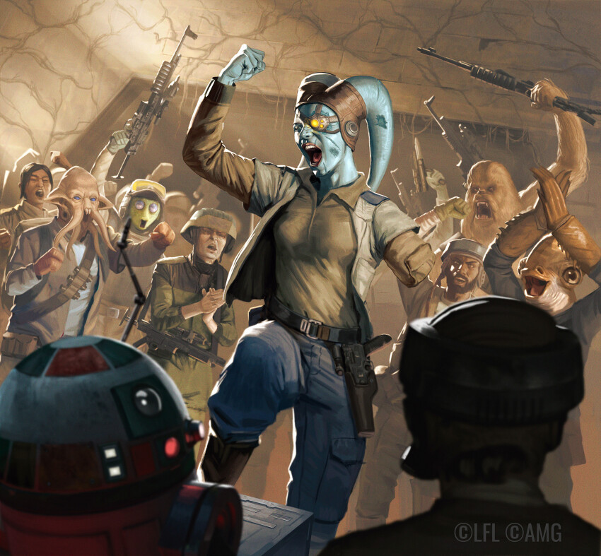2girls 6+boys alien arm_up artificial_eye astromech_droid belt blue_pants blue_skin brown_shirt clenched_hand colored_skin green_skin gun helmet highres holding holding_gun holding_weapon indoors jacket layered_sleeves lekku_(anatomy) long_sleeves mechanical_eye mon_calamari multiple_boys multiple_girls open_clothes open_jacket open_mouth pants quarren rodian shirt short-sleeved_jacket short_over_long_sleeves short_sleeves star_wars star_wars_legion twi&#039;lek watermark weapon wilmar_ballespi wookiee