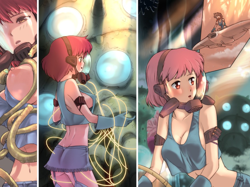 1980s_(style) 1girl aircraft back bare_shoulders breast_slip breasts brown_eyes brown_hair cartridge crop_top crop_top_overhang flying forest gas_mask glider gloves highres kaze_no_tani_no_nausicaa kikumaru_bunta large_breasts light_rays mask mehve midriff miniskirt nature nausicaa nipples non-web_source ohmu oldschool one_breast_out perky_breasts retro_artstyle sideboob skirt studio_ghibli sunbeam sunlight tank_top tentacles