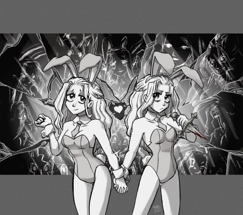 2girls :3 animal_ear_hairband animal_ears bare_shoulders blood bloody_knife bloody_weapon braid breasts broken_glass cleavage collarbone commentary curtained_hair dagger detached_collar dual_persona english_commentary extra_faces fake_animal_ears fake_tail feet_out_of_frame frown glass glass_shards greyscale hairband half_up_braid hand_up heart highres holding holding_dagger holding_hands holding_knife holding_weapon knife leotard letterboxed long_hair monochrome multiple_girls necktie one_eye_closed outside_border playboy_bunny princess_(slay_the_princess) rabbit_ear_hairband rabbit_ears rabbit_tail short_necktie signature slay_the_princess small_breasts smile standing stitched_mouth stitches strapless strapless_leotard tail the_adversary_(slay_the_princess) the_beast_(slay_the_princess) the_damsel_(slay_the_princess) the_nightmare_(slay_the_princess) the_prisoner_(slay_the_princess) the_razor_(slay_the_princess) the_spectre_(slay_the_princess) the_stranger_(slay_the_princess) the_witch_(slay_the_princess) weapon wing_collar wrist_cuffs wwwjam