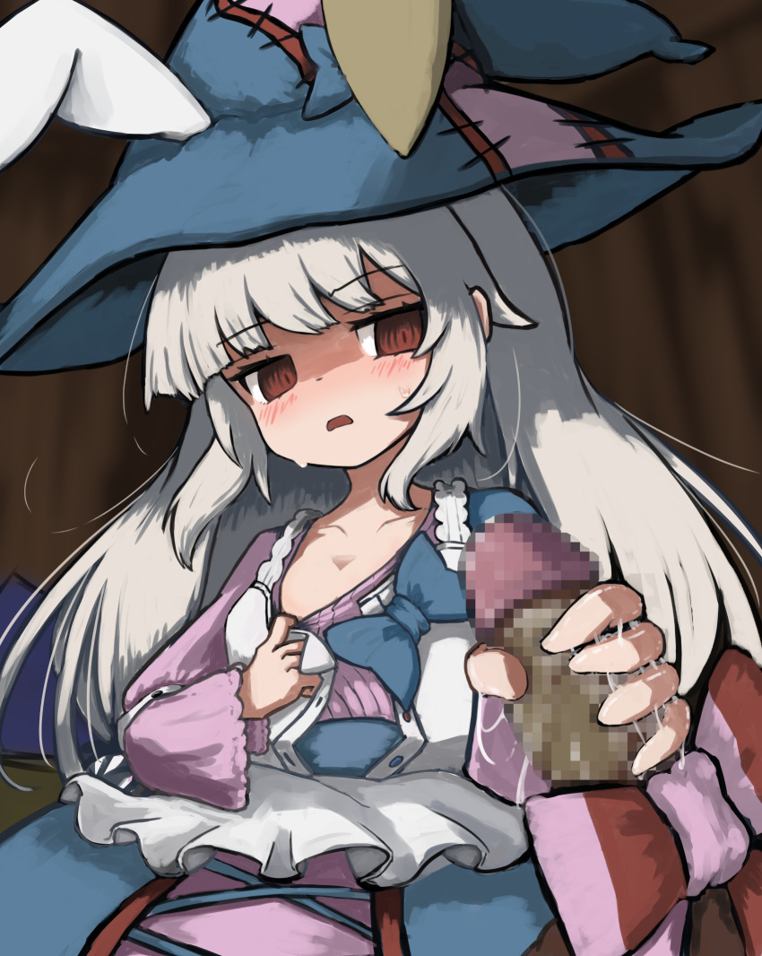 1girl after_ejaculation animal_ears clothes_pull cum frills grey_hair handjob hat highres irisu_kyouko irisu_shoukougun! rabbit_ears red_eyes ribbon socks touko_olivia white_hair witch_hat