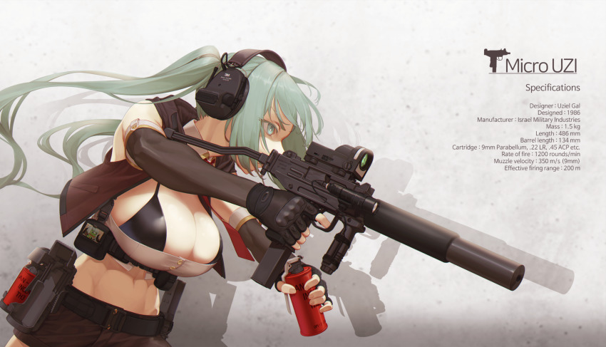 1girl abs aronman belt bikini bikini_under_clothes black_bikini boy&#039;s_club breasts cleavage commentary_request ear_protection elbow_gloves explosive fingerless_gloves folding_stock foregrip girls&#039;_frontline gloves green_eyes green_hair grenade gun highres holding holding_grenade holding_gun holding_weapon korean_commentary large_breasts long_hair machine_pistol micro_uzi micro_uzi_(girls&#039;_frontline) midriff navel optical_sight pepe_the_frog pistol_stabilizing_brace shadow shorts solo stats stock_(firearm) submachine_gun suppressor swimsuit twintails uzi weapon