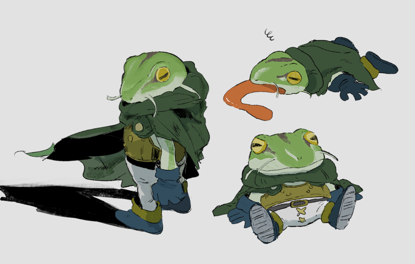 1boy armor blue_boots blue_gloves boots breastplate chrono_trigger cloak colored_sclera frog_(chrono_trigger) frog_boy gloves green_cloak highres kebe6p lying on_stomach pants simple_background sitting tongue tongue_out white_pants yellow_sclera