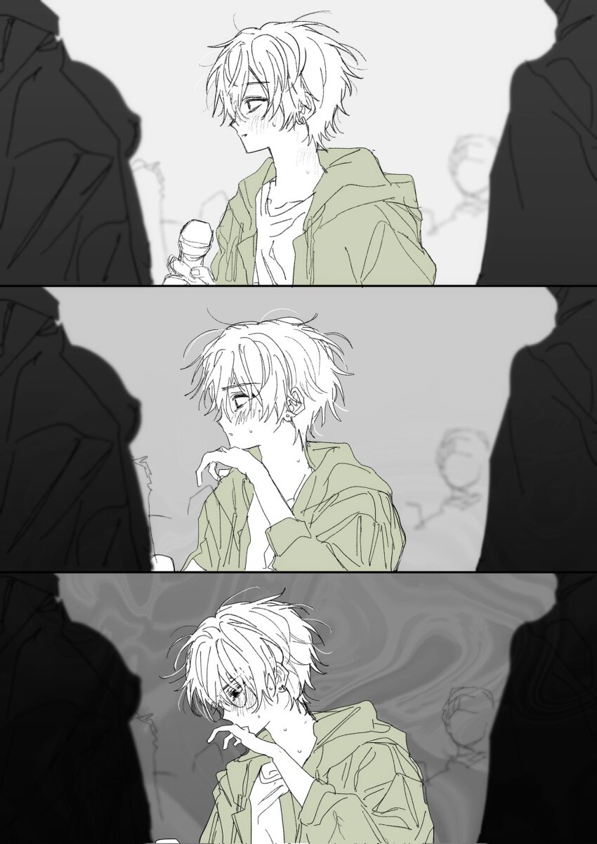 akita_toushirou from_side goguma_wagamja green_hoodie highres holding holding_microphone hood hoodie limited_palette looking_down male_focus microphone project_sekai shirt short_hair solo_focus sweat upper_body very_short_hair