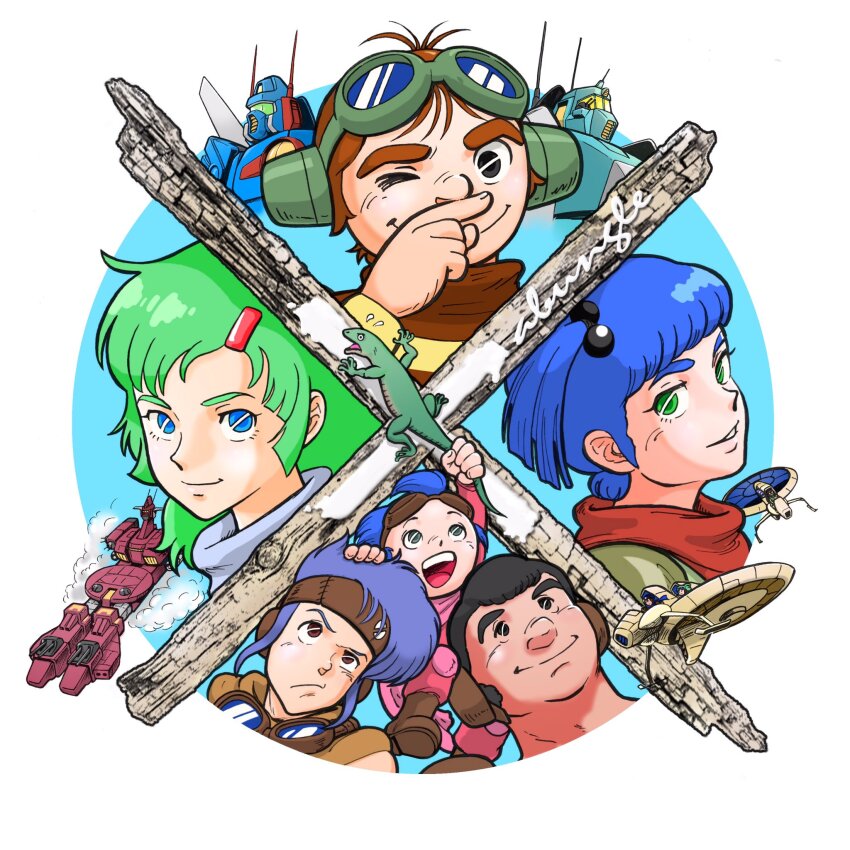 3boys 3girls aobito_sukoyaka_bystander blue_eyes blue_hair blume elchi_cargo goggles green_eyes green_hair highres iron_gear jiron_amos mecha multiple_boys multiple_girls rag_uralo robot sentou_mecha_xabungle walker_gallia xabungle_(mecha)