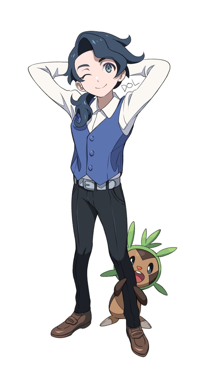 1boy aged_down arms_behind_head professor_sycamore belt belt_buckle black_pants blue_eyes blue_hair blue_vest brown_footwear buckle chespin closed_mouth collared_shirt dolustoy full_body gen_6_pokemon grey_belt highres long_hair looking_at_viewer male_focus nintendo one_eye_closed pants pokemon pokemon_(creature) pokemon_xy ponytail shirt simple_background solo standing vest white_background white_shirt