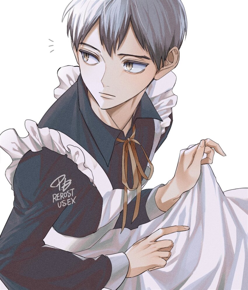 1boy apron black_hair black_shirt collared_shirt crossdressing crossdressing_(mtf) grey_hair haikyuu!! highres kita_shinsuke m_m_pb maid maid_apron male_focus male_maid multicolored_hair orange_ribbon ribbon shirt simple_background solo two-tone_hair upper_body white_background yellow_eyes