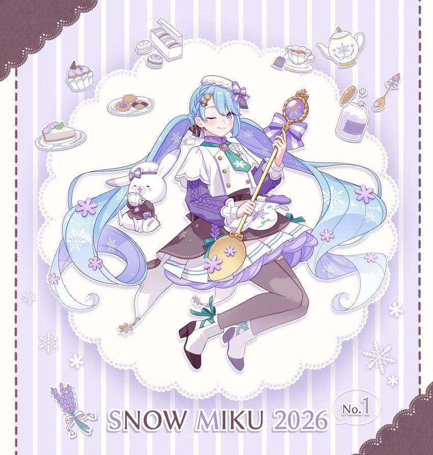 1girl animal ankle_boots apron asagao_minoru blue_eyes blush boots border bow box braid brooch buttons character_name checkerboard_cookie cheesecake closed_eyes commentary_request cookie cup cupcake doily double-breasted drop_shadow english_text floral_print flower food footwear_ribbon full_body green_necktie green_ribbon grey_thighhighs hair_ornament hairpin hat hat_bow hatsune_miku high_heel_boots high_heels highres holding holding_cup holding_spoon jewelry jumping lace lace_border lavender_(flower) layered_skirt long_hair long_sleeves low_twintails macaron mint multicolored_hair multiple_hairpins necktie one_eye_closed ornate_border oversized_spoon partial_commentary plate pleated_skirt rabbit rabbit_yukine ribbon signature skirt snowflake_print solo spoon striped_background striped_bow tea teabag teacup teapot thighhighs thumbprint_cookie twintails very_long_hair vocaloid waist_apron yuki_miku yuki_miku_(2026)_(candidate_no.1)