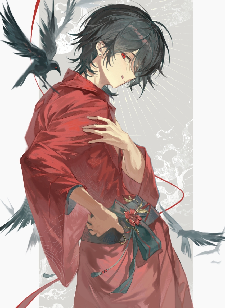 1boy absurdres bird black_hair black_sash commentary_request cowboy_shot crow daiba_shizuma earrings hand_on_own_hip hand_on_own_shoulder highres japanese_clothes jewelry kimono long_sleeves looking_at_viewer male_focus medium_hair ooe_(game) red_eyes red_kimono sash solo sona_(lnjixn) tongue wide_sleeves