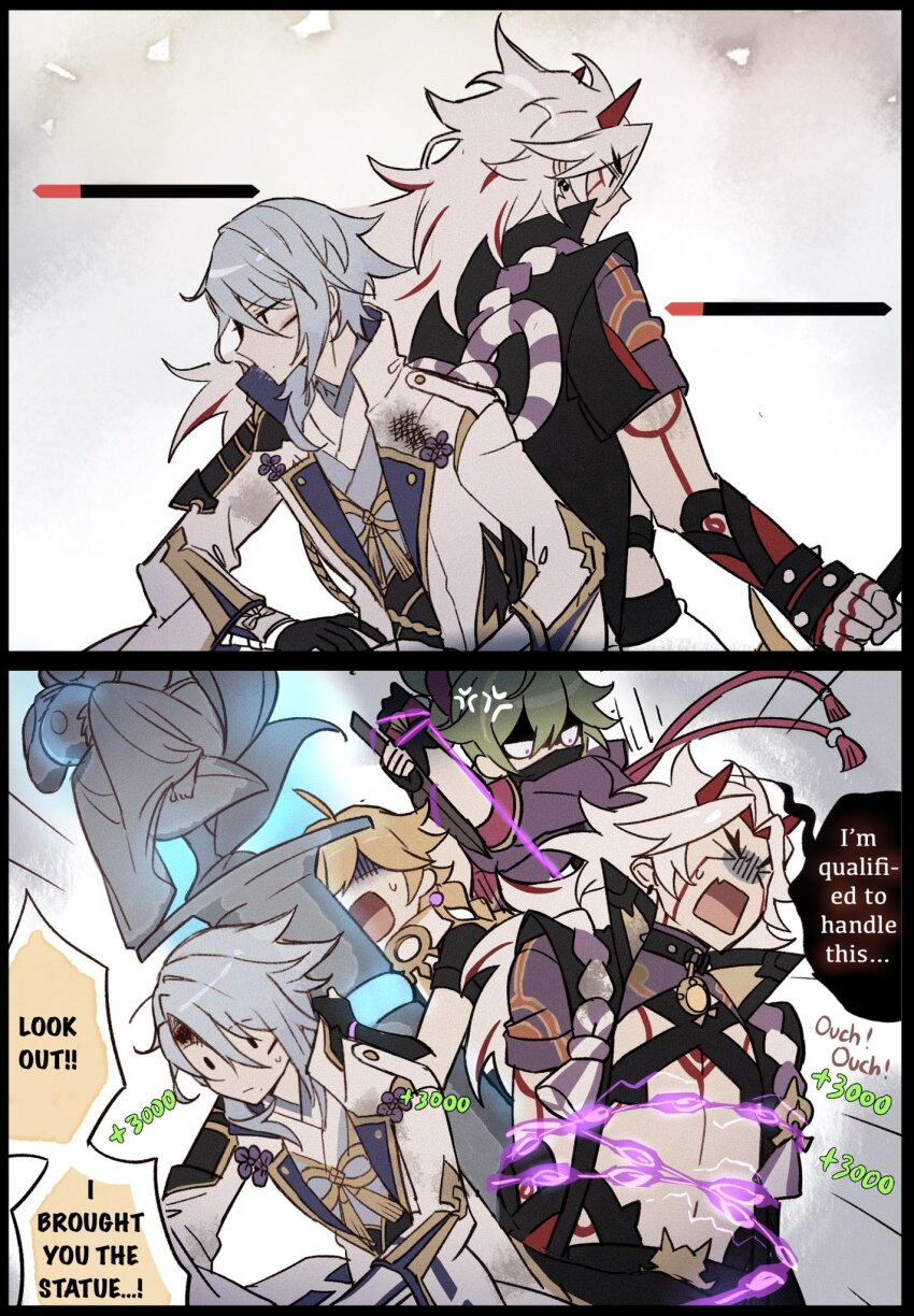&gt;_&lt; 2boys aether_(genshin_impact) anger_vein angry arataki_itto chain chained chained_up english_text genshin_impact healing health_bar highres kackaorz1 kamisato_ayato kuki_shinobu multiple_boys speech_bubble statue_of_the_seven