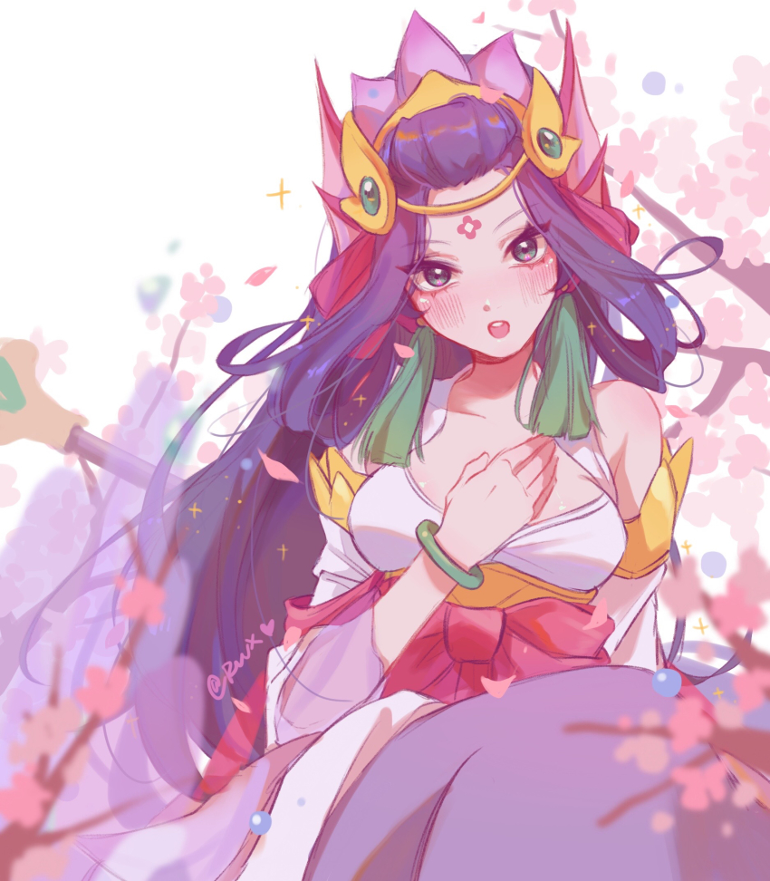 1girl blush bow bracelet breasts cherry_blossoms facial_mark fins flower forehead_mark hair_ornament hand_up heart highres jewelry large_breasts league_of_legends long_hair nami_(league_of_legends) open_mouth purple_hair red_bow ruan_chen_yue signature splendid_staff_nami teeth upper_teeth_only white_background