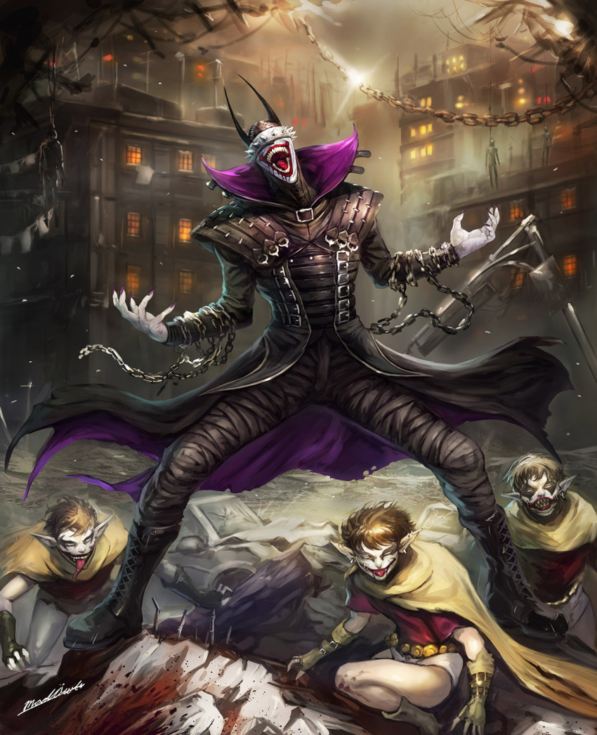 4boys apocalypse batman_(series) blood chain city cityscape covered_eyes dc_comics evil_grin evil_smile grin highres jacket long_sleeves madowl male_focus multiple_boys open_mouth parted_lips pointy_ears robin_(dc) sharp_teeth smile spiked_mask spikes straitjacket teeth the_batman_who_laughs wreckage