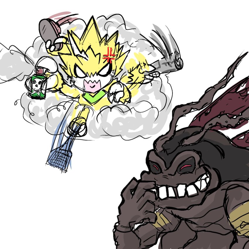 antennae closed_eyes digimon gokimon highres open_mouth pulsemon red_eyes smile smoke teeth wings