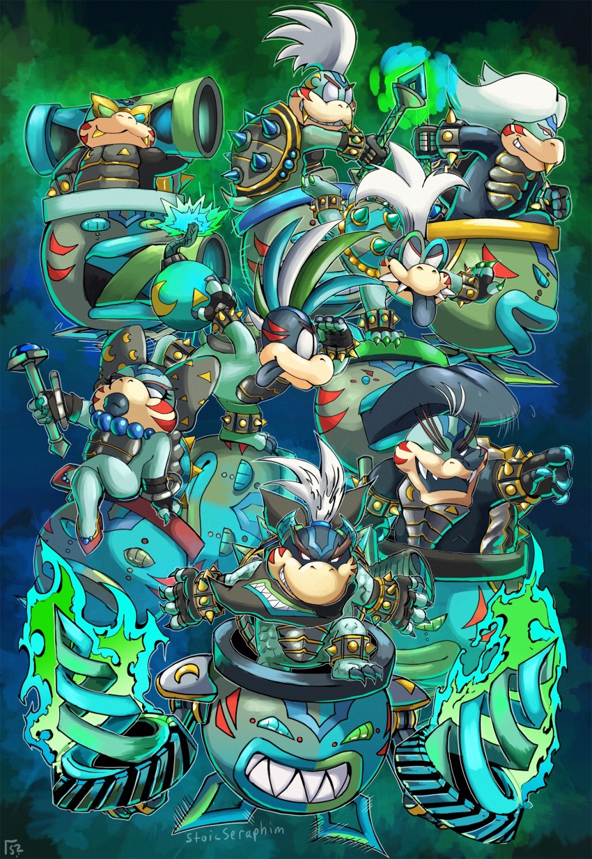 alternate_color alternate_costume alternate_eye_color alternate_hair_color armor aura bandana black_bandana black_eyeshadow black_gloves black_lips black_neckerchief blue_eyes blue_gemstone blue_hair bomb bow bowser_jr. bracelet claws commentary company_connection corruption crescent crossed_legs crossover dark_persona drill english_commentary evil_grin evil_smile explosive eyeshadow facial_tattoo fierce_deity fingerless_gloves fire floating frown fuse gem gloves glowing glowing_weapon gold gold_teeth green_eyes green_hair grin hair_bow hal_laboratory hammer hand_on_own_hip handstand highres holding holding_bomb holding_hammer holding_rocket_launcher holding_wand holding_weapon horns iggy_koopa jewelry junior_clown_car koopa_clown_car koopalings larry_koopa lemmy_koopa lipstick lit_fuse long_tongue looking_at_viewer looking_to_the_side ludwig_von_koopa makeup mario_(series) medium_hair mismatched_sclera morton_koopa_jr. multicolored_hair multiple_persona neckerchief necklace nintendo no_pupils no_shoes one_arm_handstand open_mouth outstretched_arm outstretched_arms pointing ponytail possessed possession rocket_launcher roy_koopa sharp_teeth shoes short_hair sitting smile spiked_hair spiked_shell spikes standing standing_on_one_leg stoic_seraphim sunglasses super_mario_bros._3 super_mario_sunshine super_smash_bros. tail tattoo teeth the_legend_of_zelda the_legend_of_zelda:_majora&#039;s_mask tongue tongue_out triangle wand weapon wendy_o._koopa white_eyes white_hair wrist_guards x_mark