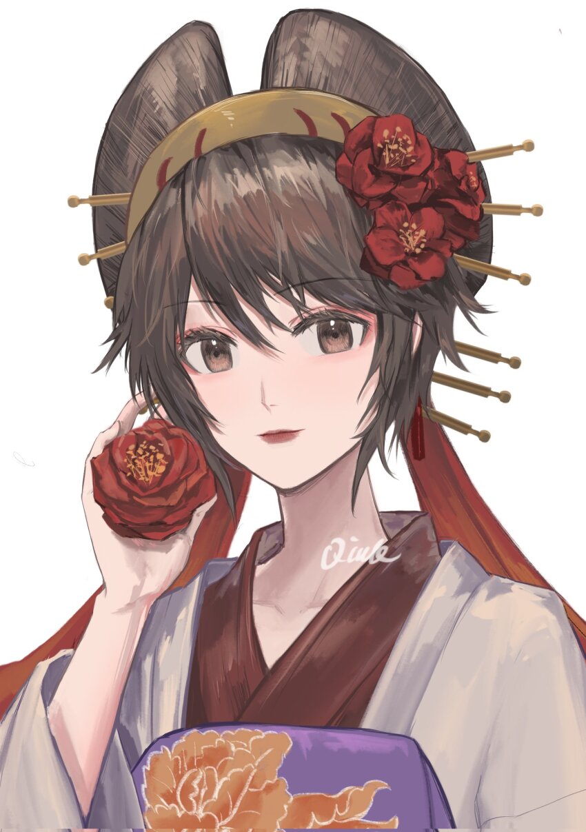 1girl alternate_costume alternate_hairstyle brown_eyes brown_hair chinese_commentary closed_eyes commentary datehyogo flower hair_flower hair_ornament hand_up highres holding holding_flower japanese_clothes kimono looking_at_viewer meiko_(vocaloid) nihongami project_diva_(series) qiu-k_(qiukkon) red_flower meiko_(rei_no_sakura_benitsubaki)_(vocaloid) short_hair simple_background solo upper_body vocaloid white_background
