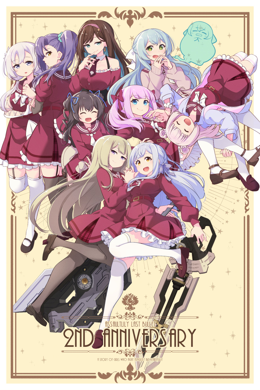 6+girls :d @_@ ^_^ absurdres ankle_strap anniversary aqua_eyes aqua_hair aqua_scrunchie arm_at_side assault_lily asymmetrical_bangs bare_shoulders belt belt_buckle black_footwear black_hair black_ribbon blonde_hair blue_eyes blue_jacket blunt_bangs border bow bowtie braid breasts brown_cardigan brown_footwear brown_hair brown_necktie brown_pantyhose brown_sailor_collar brown_thighhighs buckle buttons cardigan cardigan_around_waist closed_eyes closed_mouth clothes_around_waist collarbone colored_inner_hair copyright_name cousins crossed_arms detached_collar detached_sleeves double_bun dress drill_hair earrings elbow_gloves emblem english_text finger_to_mouth floating_hair flower framed frilled_skirt frilled_sleeves frills garter_straps ghost giving_up_the_ghost gloves green_eyes grey_hair hair_bow hair_bun hair_flower hair_ornament hair_ribbon hair_scrunchie hairband half_updo hand_on_own_hip hands_up high-waist_skirt high_ponytail highres holding holding_hands holding_weapon honma_akehi interlocked_fingers ishizuka_fujino jacket jewelry kanba_girls_high_school_uniform kon_kanaho lace-up_gloves layered_sleeves leg_up loafers long_hair long_sleeves looking_to_the_side low_twintails mary_janes medium_breasts miniskirt miyagawa_takane morugen multicolored_hair multicolored_jacket multiple_girls necktie open_clothes open_jacket open_mouth ornate_border outside_border own_hands_together pantyhose parted_lips pink_bow pink_hair pink_hairband pink_jacket plaid_clothes plaid_skirt ponytail profile puffy_short_sleeves puffy_sleeves purple_eyes purple_hair purple_ribbon red_belt red_bow red_dress red_shirt red_skirt ribbon ring sadamori_himeka sailor_collar school_uniform scrunchie serafuku shiozaki_suzume shirt shoes short_necktie short_sleeves side_braid side_ponytail sidelocks sideways_glance single_earring single_glove skirt sleeveless sleeveless_dress sleeveless_shirt smile standing standing_on_one_leg star_(symbol) star_symbol_background steepled_fingers sweatdrop tamba_akari thighhighs toki_kureha twin_drills twintails two-tone_hair two_side_up underbust upside-down very_long_hair wavy_hair weapon white_border white_bow white_bowtie white_flower white_gloves white_hair white_necktie white_pantyhose white_scrunchie white_thighhighs wrist_scrunchie yellow_background yellow_eyes yokota_haruna zettai_ryouiki