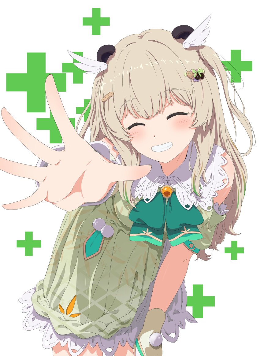 1girl absurdres amatsuna_sasaha animal_ears blush bow bowtie breasts brown_hair closed_eyes clothing_cutout commentary_request cowboy_shot dress green_bow green_bowtie green_dress grin hair_ornament hairclip highres leaning_forward long_hair medium_breasts nanashi_inc. nokino_shida orange_brooch panda_ears panda_girl reaching reaching_towards_viewer shoulder_cutout smile solo virtual_youtuber white_background