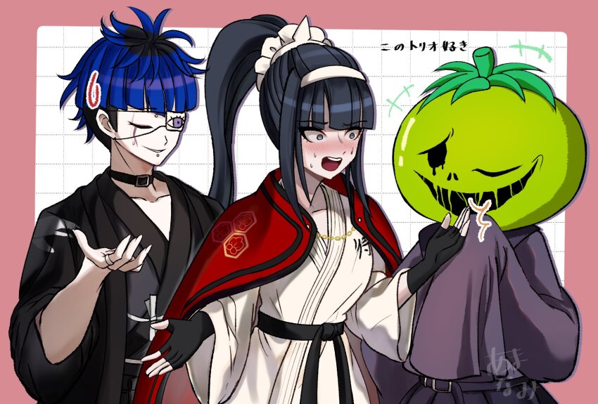 1boy 2girls black_hair blue_hair blush border bridge_piercing closed_eyes collar collarbone face_piercing fingerless_gloves fingernails gloves hand_up highres japanese_clothes lip_piercing magadori_kyoshika mask mask_on_head messy_hair multicolored_hair multiple_girls omokage_yugamu oosuzuki_kurara open_mouth piercing pink_border smile teeth the_hundred_line_-last_defense_academy- tomato upper_body upper_teeth_only white_background
