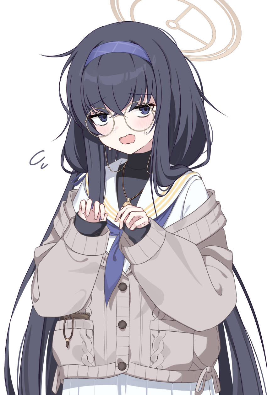 1girl absurdres black_hair black_shirt black_undershirt blue_archive blue_eyes blue_hairband blue_neckerchief blush commentary_request glasses grey_sweater hairband halo hands_up highres jewelry long_hair long_sleeves looking_at_viewer neckerchief necklace off_shoulder open_mouth round_eyewear sailor_collar school_uniform serafuku shirt simple_background skirt solo sweater ui_(blue_archive) upper_body very_long_hair wasi white_background white_sailor_collar white_serafuku white_shirt white_skirt yellow_halo