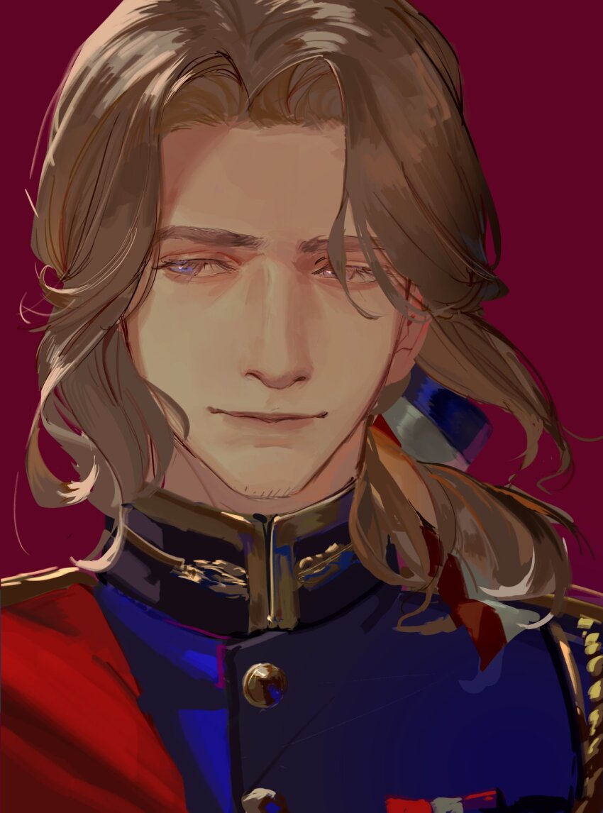 1boy axis_powers_hetalia blue_jacket bow brown_hair buttons cape chinese_commentary closed_mouth commentary_request flag_print france_(hetalia) french_flag french_flag_print gold_trim hair_bow highres jacket lips looking_afar low_ponytail male_focus mandarin_collar military_jacket ponytail purple_background purple_eyes red_cape short_hair short_ponytail simple_background smile solo upper_body zhongerweiyuan
