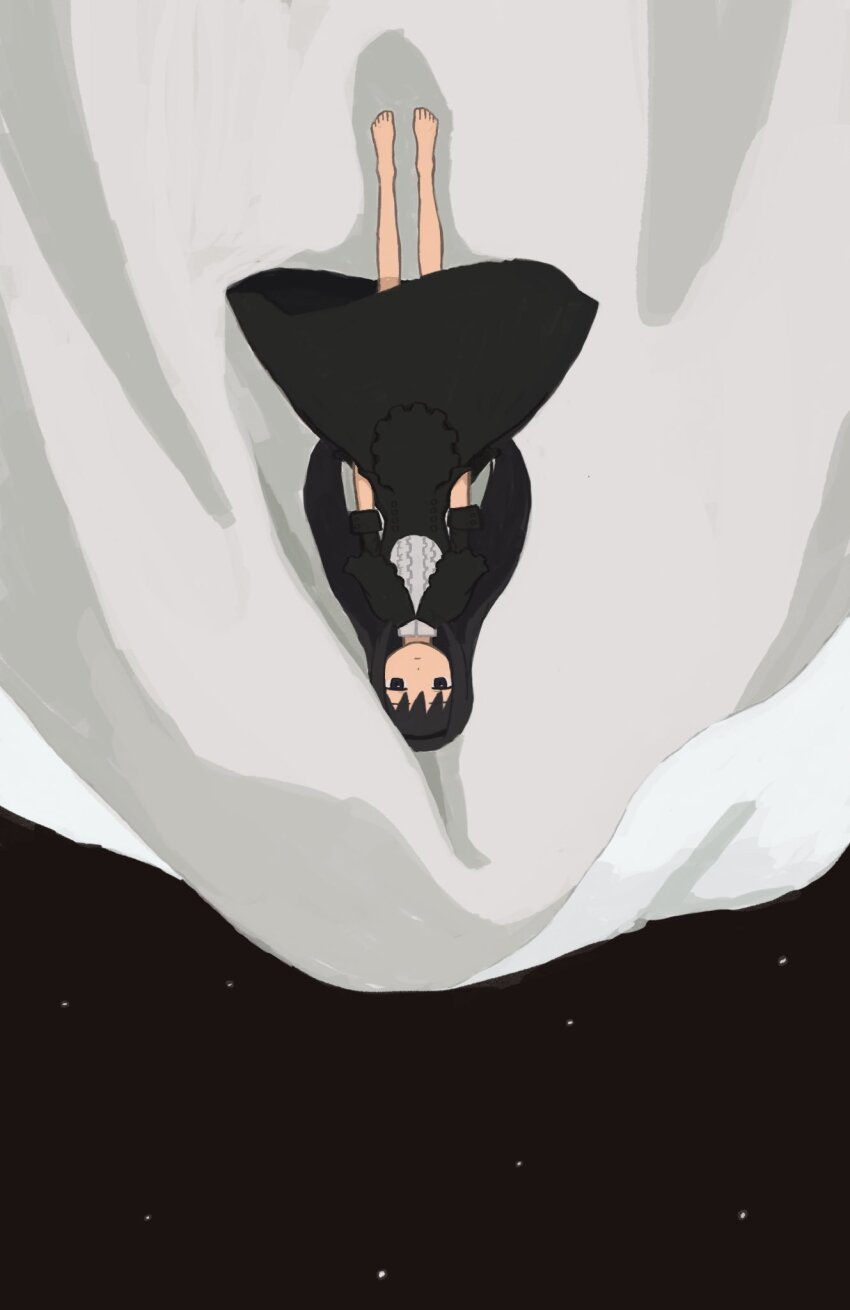 1girl :| akemi_homura akemi_homura_(black_dress) arms_at_sides barefoot black_background black_dress black_eyes black_hair closed_mouth cloth dot_nose dress expressionless full_body highres jitome long_hair looking_ahead looking_at_viewer magi_katti magia_record:_mahou_shoujo_madoka_magica_gaiden mahou_shoujo_madoka_magica solo star_(sky) straight-on swept_bangs upside-down very_long_hair wide_shot