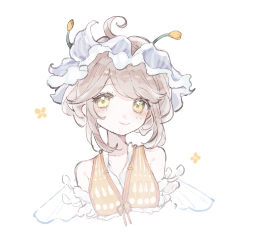 1girl aa_huaju_pifa_ma_zong ahoge bare_shoulders brown_hair closed_mouth cropped_torso dress emma_woods emma_woods_(tulip_dream) green_eyes hair_ornament identity_v insect_wings looking_at_viewer orange_dress short_hair smile solo upper_body white_background wings