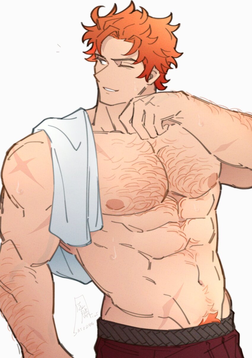 1boy abs absurdres alternate_muscle_size arm_hair arm_up bara chest_hair commentary cowboy_shot english_commentary fire_emblem fire_emblem:_three_houses groin highres male_focus navel nintendo nipples one_eye_closed orange_hair pants pectorals red_pants satodee scar scar_on_shoulder short_hair simple_background smile solo sylvain_jose_gautier topless_male towel towel_on_one_shoulder white_background