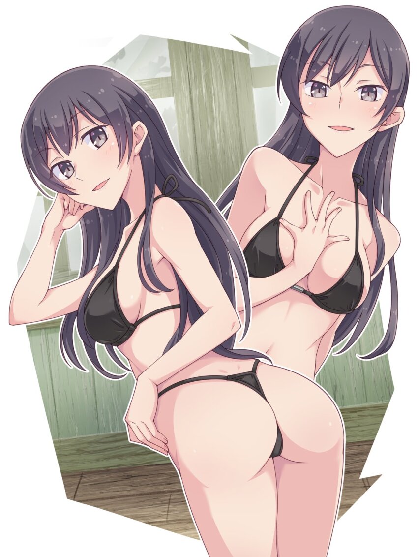 1girl :d ass bikini black_bikini black_hair breasts collarbone commentary_request e20 from_behind hand_on_own_chest highres long_hair medium_breasts multiple_views nanami_touko navel open_mouth second-party_source smile stomach swimsuit thighs tongue yagate_kimi_ni_naru