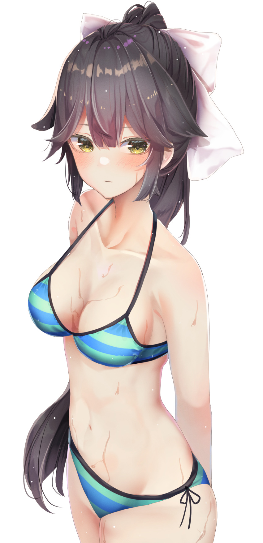 1girl absurdres azur_lane bikini black_hair blush hair_between_eyes highres long_hair ponytail side-tie_bikini_bottom simple_background solo striped_bikini striped_clothes swimsuit takao_(azur_lane) white_background yellow_eyes yuunamida_uyu