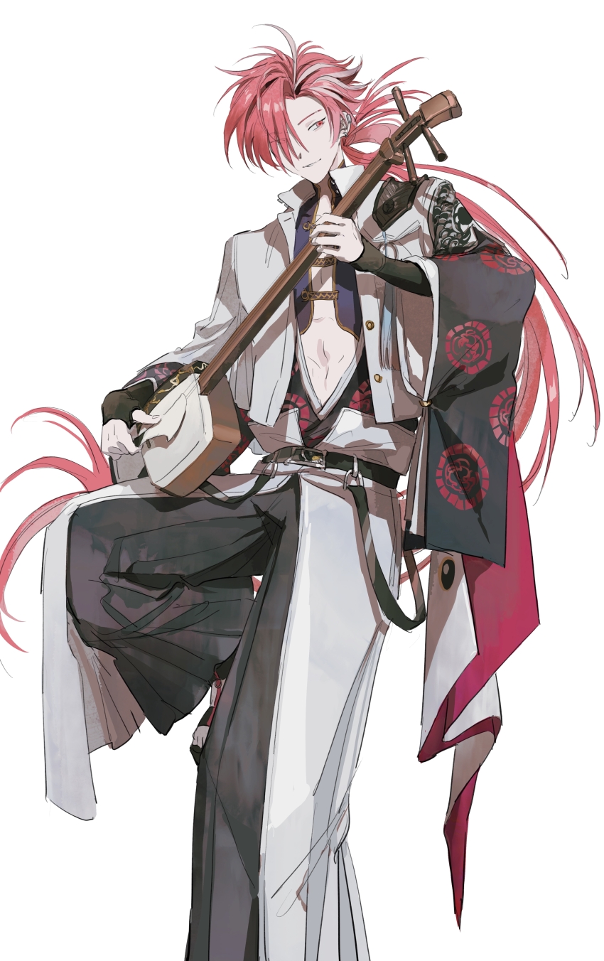 1boy absurdres belt black_hakama center_opening earrings eyebrow_cut fate/grand_order fate_(series) feet_out_of_frame fingerless_gloves gloves hair_over_one_eye hakama highres holding holding_instrument instrument jacket japanese_clothes jewelry long_hair long_sleeves looking_at_viewer low_ponytail male_focus midriff mimulishizi multicolored_hair music navel playing_instrument ponytail red_eyes red_hair shamisen simple_background single_fingerless_glove smile solo streaked_hair takasugi_shinsaku_(fate) white_background white_hair white_jacket