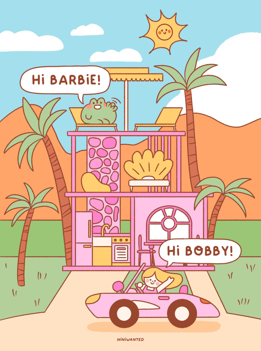 artist_name barbie_(character) barbie_(franchise) barbie_(live_action) blush_stickers car chair cloud commentary day doll_house english_commentary english_text faucet frog_boy grass highres kitchen motor_vehicle mountainous_horizon niniwanted outdoors palm_tree plant sky smile solid_circle_eyes speech_bubble sports_car sun table toon_(style) tree umbrella waving window