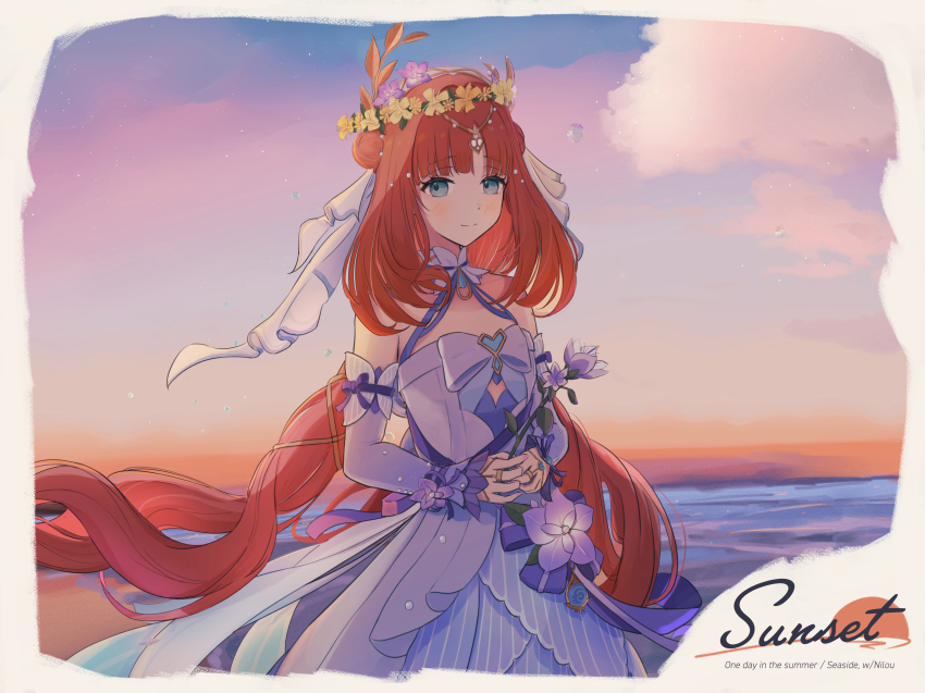 1girl bare_shoulders blue_dress blue_eyes blue_gemstone blue_sleeves blush circlet closed_mouth cloud commentary detached_sleeves double_bun dress english_text fingernails flower flower_wreath gem genshin_impact hair_bun hair_flower hair_ornament head_wreath highres holding holding_flower hydro_symbol_(genshin_impact) long_hair looking_at_viewer nilou_(breeze_of_sabaa)_(genshin_impact) nilou_(genshin_impact) official_alternate_costume outdoors padisarah_flower purple_flower purple_ribbon red_hair ribbon signature sky sleeveless sleeveless_dress smile solo sugarless_(sugarless_il) very_long_hair vision_(genshin_impact) yellow_flower