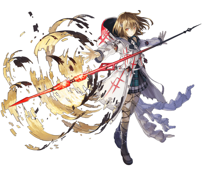 1girl closed_mouth floating floating_object floating_weapon full_body highres hood hooded_jacket jacket long_sleeves longinus_(phantom_of_the_kill) official_alternate_costume official_art outstretched_arm outstretched_arms phantom_of_the_kill plaid_clothes pleated_skirt polearm shadow simple_background skirt solo spear spread_arms standing transparent_background watarubou weapon white_jacket
