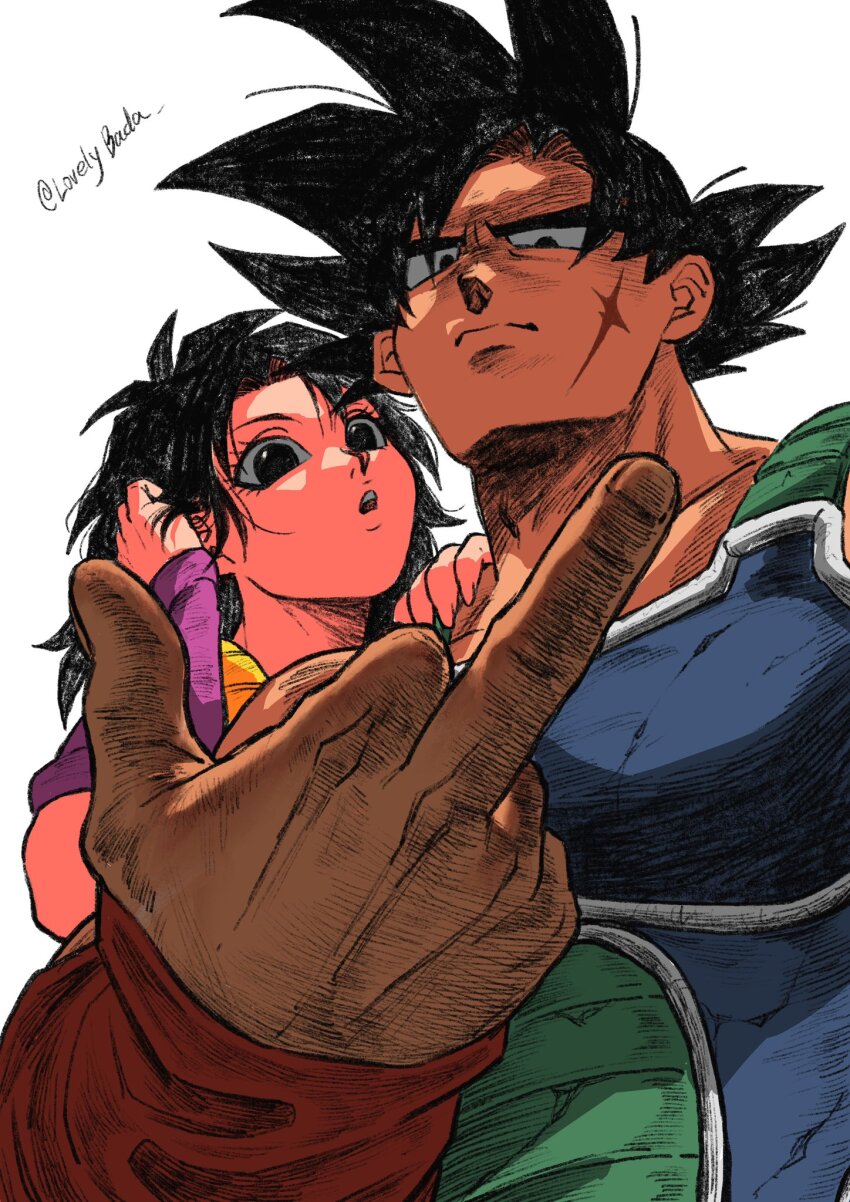 1boy 1girl adam&#039;s_apple adjusting_hair arm_warmers armor backlighting bardock black_eyes black_hair closed_mouth dragon_ball dragon_ball_minus eyelashes facial_scar fingernails foreshortening from_below frown gine hand_focus hand_on_another&#039;s_shoulder hand_up highres looking_at_viewer looking_down lovelybada medium_hair middle_finger parted_bangs parted_lips pink_arm_warmers realistic red_arm_warmers saiyan_armor scar scar_on_cheek scar_on_face serious shade simple_background spiked_hair tsurime twitter_username white_background