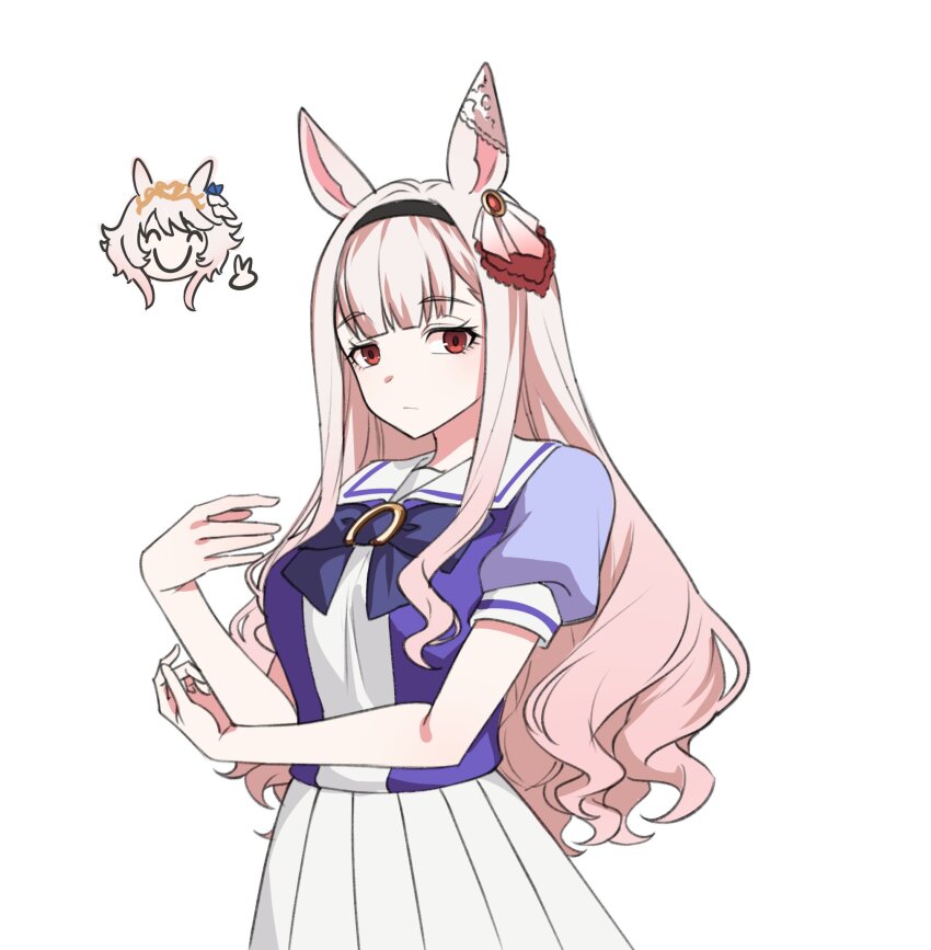 2girls animal_ears black_hairband blunt_bangs commentary cowboy_shot doodle_inset ear_covers ear_ornament fukuro_(maruaru00) gorgeous_(jpn)_(2022)_(racehorse) gradient_hair hairband highres horse_ears horse_girl long_hair looking_at_viewer multicolored_hair multiple_girls original personification pink_hair pleated_skirt puffy_short_sleeves puffy_sleeves red_eyes school_uniform short_sleeves sideways_glance simple_background single_ear_cover skirt sodashi_(racehorse) summer_uniform tiara tracen_school_uniform umamusume v very_long_hair wavy_hair white_background white_hair white_skirt