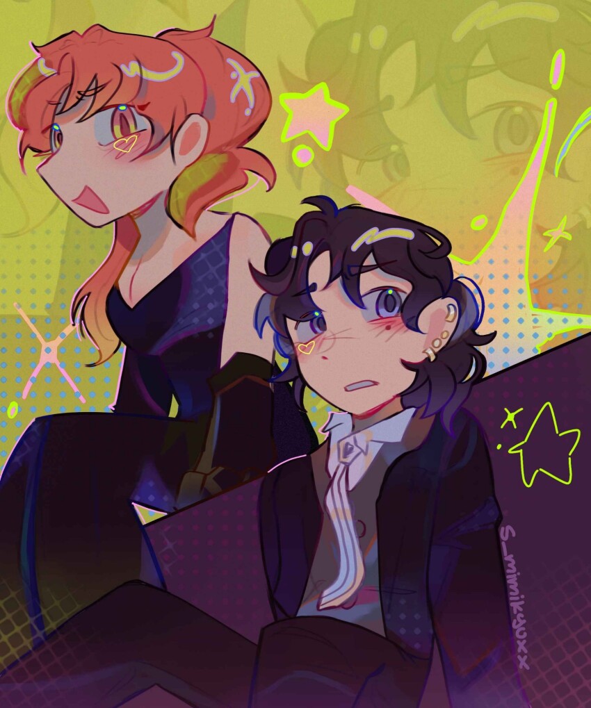 2girls :d artist_name black_dress black_hair black_jacket black_pants blush breasts cleavage collared_shirt commentary dress ear_piercing english_commentary gradient_eyes halftone heart highres jacket kininatteru_hito_ga_otoko_ja_nakatta koga_mitsuki long_hair long_sleeves mole mole_under_eye multicolored_eyes multiple_girls necktie oosawa_aya open_mouth orange_eyes orange_hair pants parted_lips piercing purple_eyes s_mimikyuxx shirt short_hair sitting sleeveless sleeveless_dress smile vest waistcoat zoom_layer