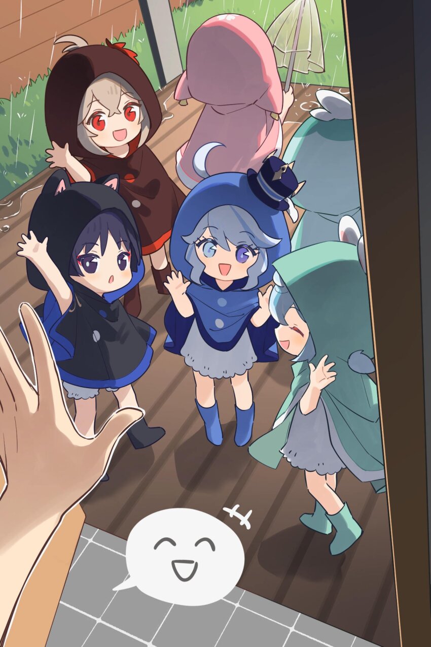 +++ 3boys 3girls aged_down ahoge alternate_costume animal_ear_hood animal_ears aqua_boots aqua_cloak aqua_hood black_boots black_cloak black_eyes black_hair black_hood bloomers blue_boots blue_cloak blue_eyes blue_hair blue_hat blue_hood blue_trim blush boots bright_pupils brown_boots brown_cloak brown_hood cat_ears cloak closed_eyes crossed_bangs curly_sidelocks dress drop-shaped_pupils eyelash_ornament eyeliner eyeshadow facing_away facing_to_the_side fake_animal_ears fox_ears furina_(genshin_impact) genshin_impact grass green_cloak green_hood grey_hair hair_between_eyes hand_up hat hei_lang heterochromia highres holding holding_umbrella hood hood_up hooded_cloak kaedehara_kazuha lace lace-trimmed_dress lace_trim looking_at_viewer low_twintails makeup mini_hat mini_top_hat mismatched_pupils multicolored_hair multiple_boys multiple_girls official_alternate_costume open_mouth pink_cloak pink_hood porch pov pov_hands puddle purple_eyes rain red_eyeliner red_eyes red_eyeshadow red_trim rubber_boots scaramouche_(genshin_impact) sea_slug_ears sigewinne_(genshin_impact) spoken_expression standing streaked_hair swept_bangs symbol-shaped_pupils top_hat transparent transparent_umbrella twintails umbrella underwear wanderer_(genshin_impact) waving_hands white_bloomers white_dress white_pupils white_trim wispy_bangs xiao_(genshin_impact) yae_miko