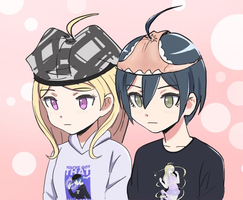 2girls ahoge akamatsu_kaede alternate_costume black_shirt blonde_hair blush boxers boxers_on_head brown_eyes character_print closed_mouth clothes_writing collarbone danganronpa_(series) danganronpa_v3:_killing_harmony english_text frown green_eyes grey_boxers grey_hoodie grey_male_underwear hair_between_eyes hood hood_down hoodie hoodie_writing long_hair male_underwear male_underwear_on_head multiple_girls object_on_head panties panties_on_head pink_background pink_panties plaid_boxers plaid_clothes plaid_male_underwear plaid_underwear print_boxers print_clothes print_hoodie print_male_underwear print_shirt print_underwear purple_eyes purple_hoodie qosic saihara_shuichi shirt shirt_writing short_hair simple_background t-shirt underwear underwear_on_head
