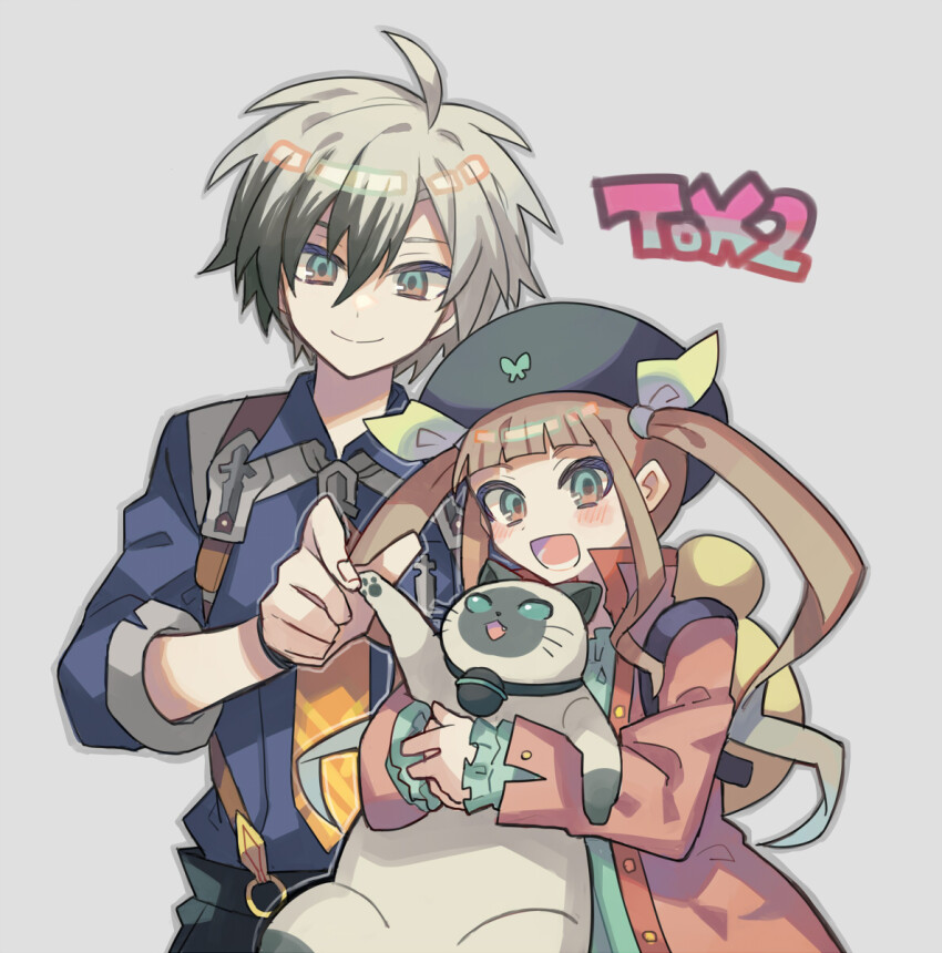 1boy 1girl ahoge animal beret black_hair blue_eyes blue_shirt blush brown_hair cat child collared_shirt commentary elle_mel_martha green_eyes grey_background grey_hair hat highres holding holding_animal holding_cat long_hair looking_at_viewer ludger_will_kresnik multicolored_hair necktie ozma16 rollo_(tales) shirt short_hair smile suspenders tales_of_(series) tales_of_xillia tales_of_xillia_2 twintails two-tone_hair white_hair
