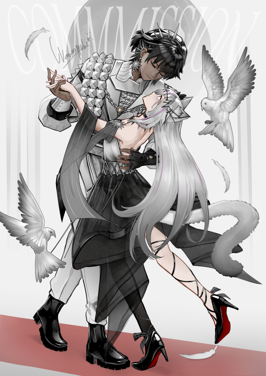 1boy 1girl absurdres animal animal_ears arknights backless_dress backless_outfit bird black_dress black_hair black_shoes cat_ears cat_tail chain closed_eyes commission dancing dark-skinned_male dark_skin dress ear_piercing earrings grey_hair hairband high_heels highres holding_hands jewelry long_hair looking_at_another multicolored_hair original pants piercing purple_hair shirt shoes short_hair signature spiked_hairband spikes streaked_hair tail thorns_(arknights) very_long_hair vest wawamachi white_bird white_dress white_pants white_shirt white_vest