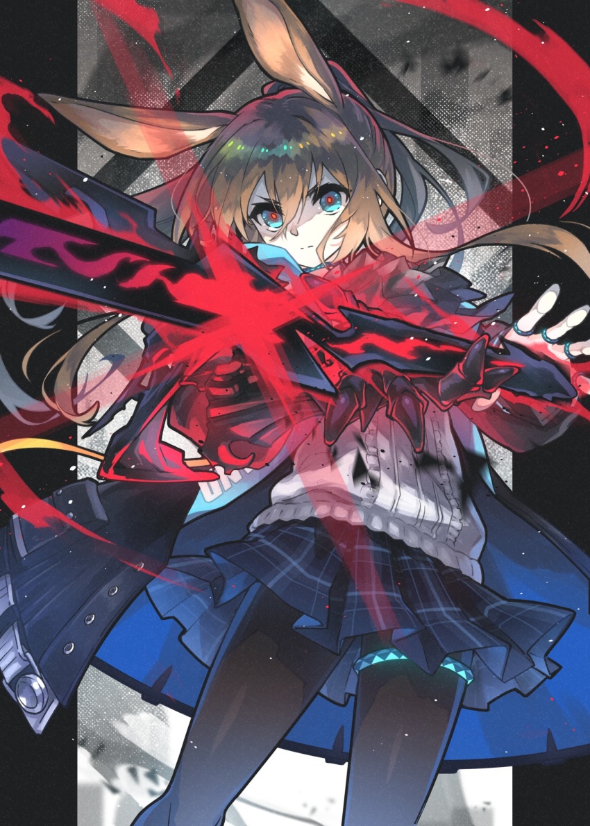 1girl amiya_(arknights) amiya_(guard)_(arknights) animal_ears arknights aura black_jacket black_pantyhose blue_eyes blue_skirt brown_hair closed_mouth commentary_request dark_aura feet_out_of_frame hair_between_eyes highres jacket jewelry long_hair long_sleeves looking_at_viewer morini_ochiteru multiple_rings open_clothes open_jacket pantyhose plaid_clothes plaid_skirt pleated_skirt rabbit_ears rabbit_girl red_pupils ring serious skirt solo sweater thigh_strap white_sweater