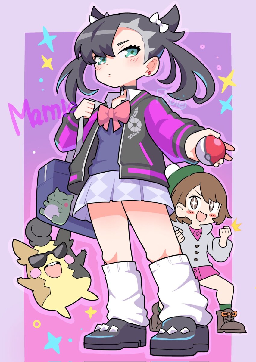 :d artist_name asymmetrical_bangs bag black_choker black_hair black_shoes blush bow bowtie brown_eyes brown_hair brown_shoes cardigan character_name choker closed_mouth dress full_body gen_8_pokemon gloria_(pokemon) green_eyes green_hat green_socks grey_cardigan hair_bow hat highres holding holding_bag holding_poke_ball jacket kneehighs looking_at_viewer marnie_(academy)_(pokemon) marnie_(pokemon) morpeko morpeko_(full) nintendo official_alternate_costume open_clothes open_jacket open_mouth pink_bow pink_bowtie pink_dress poke_ball poke_ball_(basic) pokemon pokemon_(creature) pokemon_masters_ex pokemon_swsh rgurei0529 school_bag school_uniform shoes signature skirt smile socks star-shaped_pupils star_(symbol) substitute_(pokemon) sunglasses symbol-shaped_pupils twintails white_bow white_socks