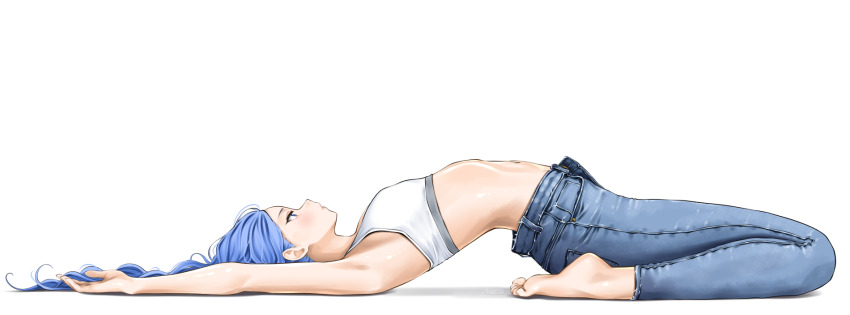 1girl bae_minah_(chaesu) blue_hair chaesu denim highres jeans lying original pants solo sports_bra stomach white_background yoga