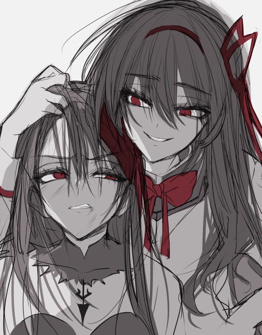 2girls akemi_homura akemi_homura_(magical_girl) akuma_homura black_hair bow clone grabbing_another&#039;s_hair gradient_background grey_background grey_theme highres limited_palette long_hair looking_at_another looking_down looking_to_the_side looking_up mahou_shoujo_madoka_magica misteor multiple_girls red_bow red_eyes red_ribbon ribbon sadism smile teeth upper_body
