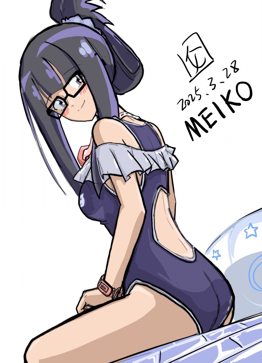 1girl absurdres ass back_cutout black_hair blunt_bangs blush breasts clothing_cutout digimon digimon_adventure_tri. female_focus glasses highres long_hair looking_at_viewer looking_back mochizuki_meiko one-piece_swimsuit ph6xeivbgpimggg ponytail sidelocks small_breasts smile solo swimsuit