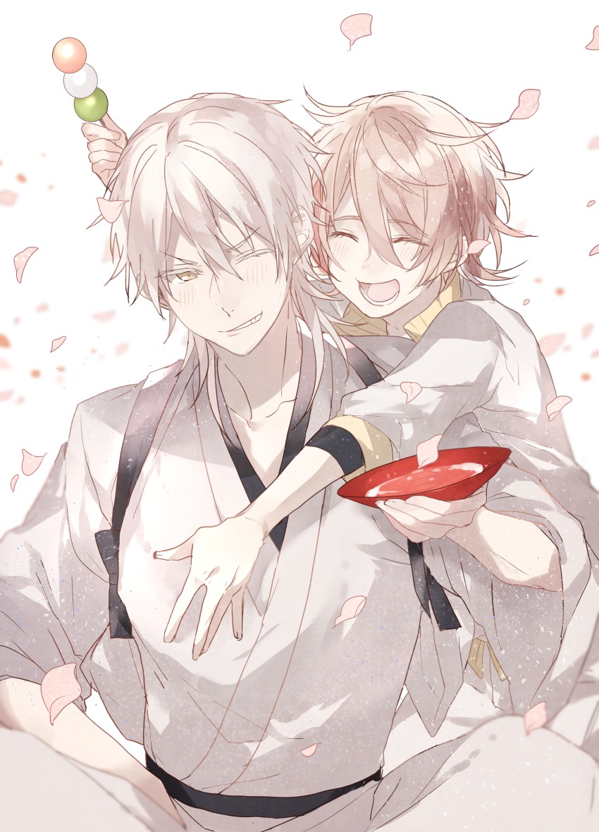 10s 2boys ^_^ absurdres blonde_hair closed_eyes cup dango closed_eyes food grin highres jacket japanese_clothes male_focus monoyoshi_sadamune multiple_boys one_eye_closed open_mouth petals sakazuki sanshoku_dango smile touken_ranbu track_jacket tsurumaru_kuninaga wagashi waltz_(tram) white_hair yellow_eyes
