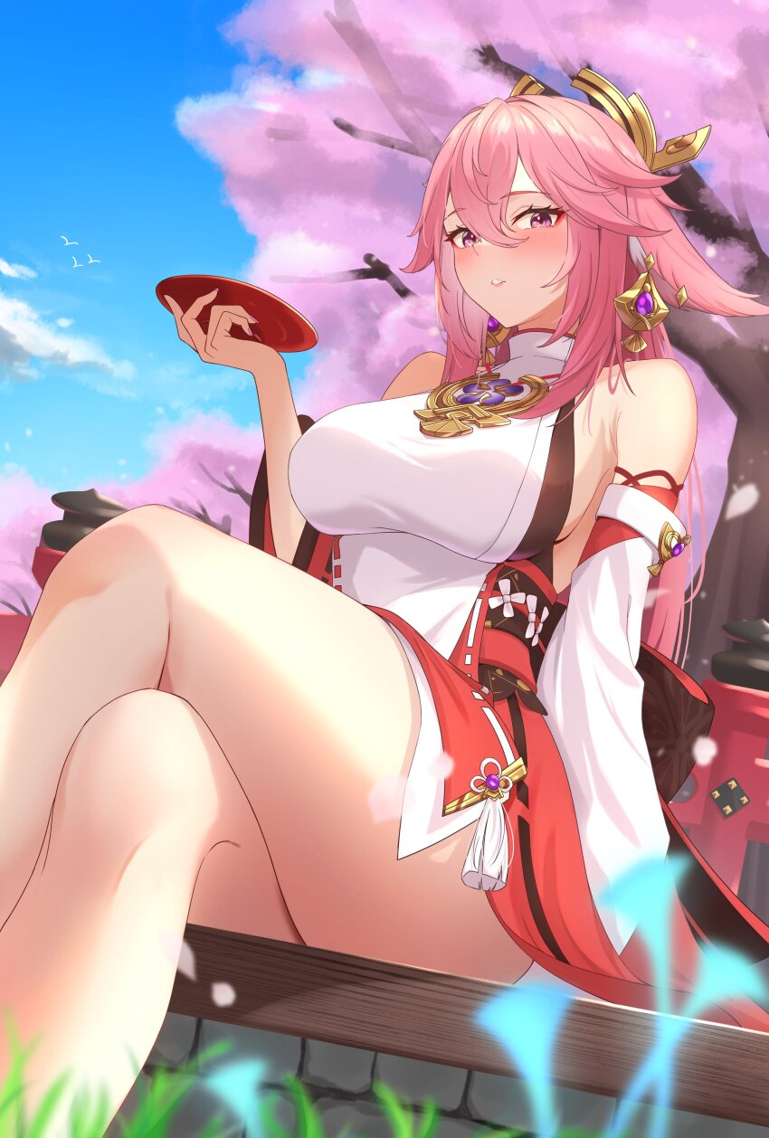 1girl absurdres animal_ears blue_sky blush breasts cherry_blossoms commentary crossed_legs day detached_sleeves earrings fox_ears genshin_impact hair_between_eyes hair_ornament highres holding holding_plate jewelry large_breasts long_hair looking_at_viewer nontraditional_miko parted_lips pink_hair plate purple_eyes sideboob sitting sky solo vic_1223 white_sleeves wide_sleeves yae_miko