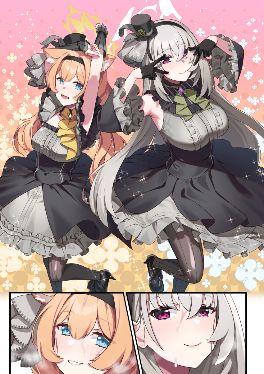 2girls absurdres animal_ear_fluff animal_ear_headwear animal_ears ascot black_dress black_gloves black_hat black_headband black_overskirt black_pantyhose blue_archive blue_eyes breasts cat_ears detached_sleeves double_inward_v dress fake_animal_ears flower flower_hat gloves green_ascot green_flower green_rose grey_hair halo hat headband hiememiko highres idol idol_clothes large_breasts long_hair low_twintails mari_(blue_archive) mari_(idol)_(blue_archive) medium_breasts mini_hat mini_top_hat multiple_girls official_alternate_costume orange_hair pantyhose purple_eyes rose sakurako_(blue_archive) sakurako_(idol)_(blue_archive) sleeveless sleeveless_dress top_hat twintails v v_over_eye white_halo yellow_halo