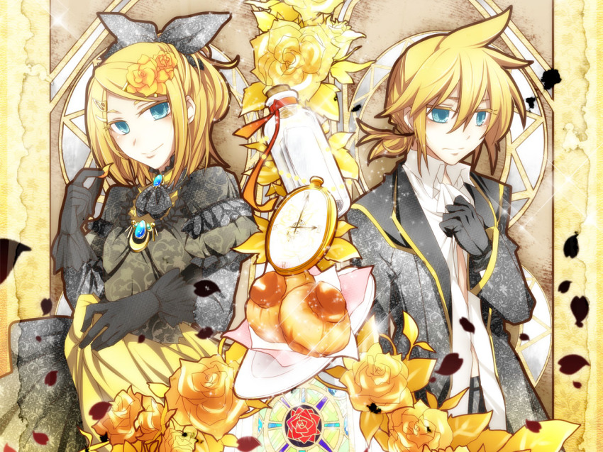 1boy 1girl aku_no_musume_(vocaloid) bow brother_and_sister dress evillious_nendaiki flower hair_bow hair_flower hair_ornament haru_aki kagamine_len kagamine_rin pocket_watch regret_message_(vocaloid) riliane_lucifen_d&#039;autriche siblings twins vocaloid watch